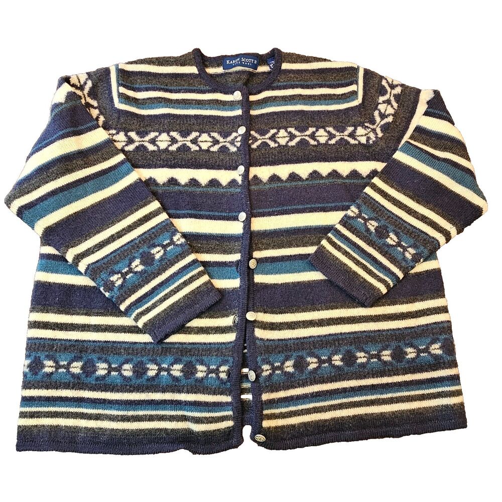 KAREN SCOTT wool cardigan 1X striped fair isle button front cozy sweater